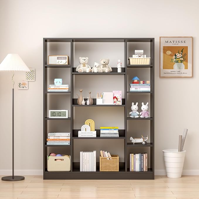 Cube Storage Bookcase with Base - Large Wooden Bookshelf with 10 Open Cubes and 4 Shelves for Home and Office, Freestanding Organizer, Black