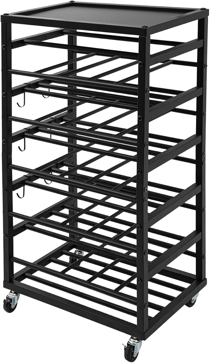 5-Tier Spray Paint Rack Organizer, Rolling Spray Bottle Holder with Storage Shelf, Metal Spray Paint Can Storage Holder, Aerosol Can Holder Rack for Garage, Craft Workroom (Black)