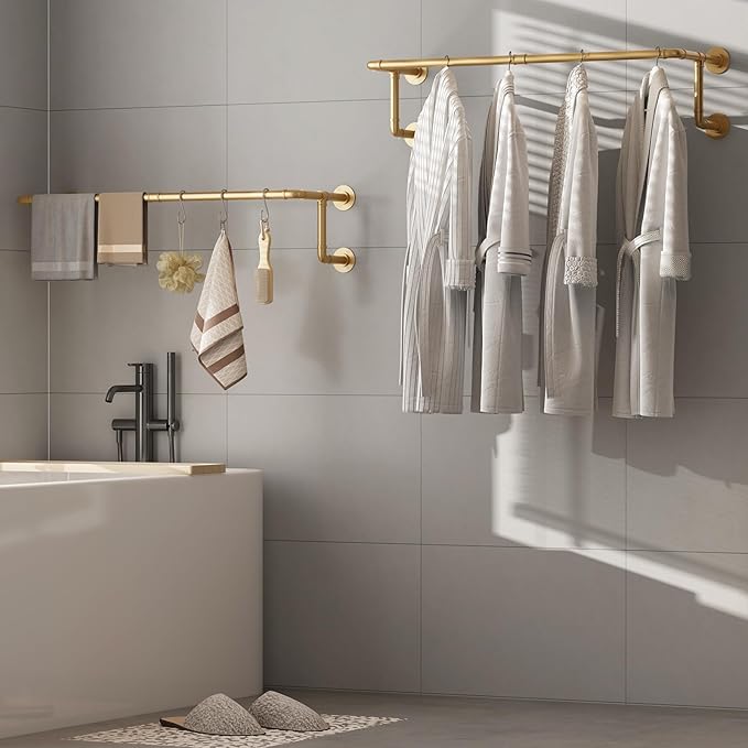 Industrial Pipe Clothing Racks 2 Pack, 36.2In Wall Mounted Clothes Rack, Gold Wall Clothing Racks for Hanging Clothes, Space Saving Closet Hanging Rod for Laundry Room, Bedroom