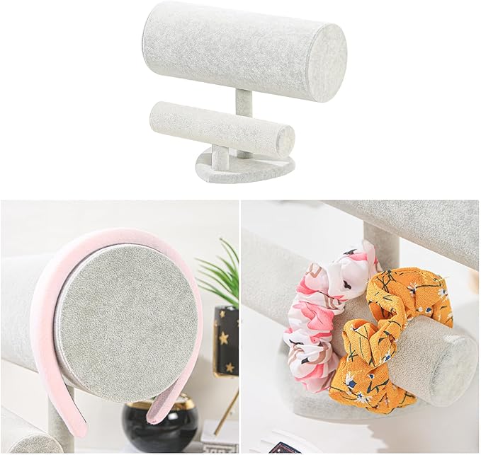 Coward Multi-use Headband Holder Stand, Scrunchie Hairband Organize Rack, Two Layer Bracelet Jewelry Display Holder Stand for Women Girls (Gray Beige velvet)