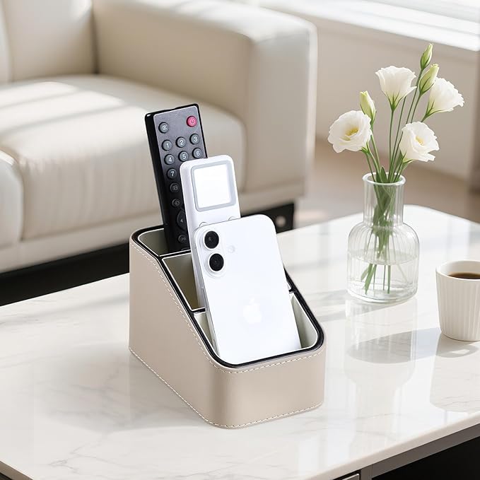 PU Leather Remote Control Holder, Small Desk Organizer Office Supply Bedside Caddy for Nightstand End Table Couch, Pen Remote Organizer with 3 Compartments (Beige)