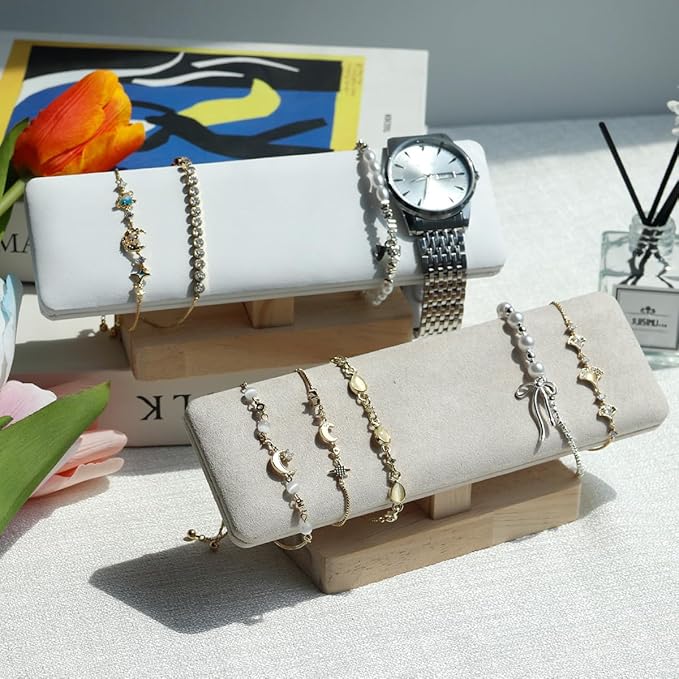 Wooden Watches Display Stands Base Watch Necklace Bracelet Organizer Rack Bangle Scrunchie Headband Showcase Stands Exterior Beige PU