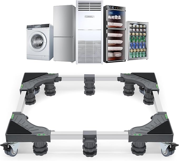 WBD WEIBIDA Upgraded Full-size Washing Machine Base Stand with 4 Locking Wheels & 10 Strong Feet, 24-31" Fridge Stand Adjustable Flat Dolly Cart Mobile Base for Washer, Dryer, Refrigerator, Furniture