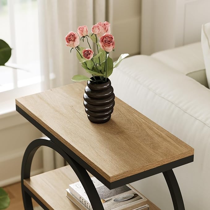 LITTLE TREE 3-Tier End Table, Side Table with Storage Shelves, Small Sofa Side Table for Living Room, Wooden Side End Table with Double Round Metal Legs, Slim Nightstand and Bedside Table, Oak