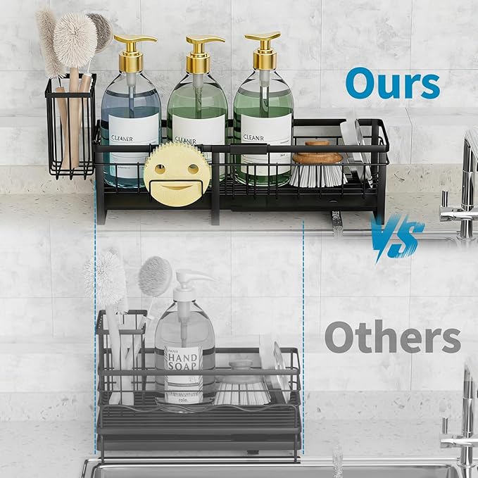 Extra Large Extendable Sponge Holder for Kitchen Sink, Rustproof Sink Caddy Organizer with High Brush Holder, Dish Soap Dispenser Organizers and Storage, Home Essentials Kitchen Countertop Accessories