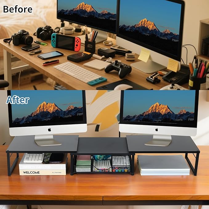 OPNICE Dual Monitor Stand Riser, Desk Organizer with Drawer, Office Desk Organizers and Accessories, Office Workspace Organization, Computer Monitor Stand for Laptop, Printer (Black)