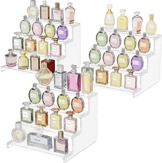 Lifewit 12 Inch Perfume Stand Organizer for Women, 4 Tier Plastic Display Riser, Tool-Free Assembly, Fragrance Makeup Cosmetics Shelf for Vanity Bedroom Bathroom Storage Organization, Clear, 3 Pcs