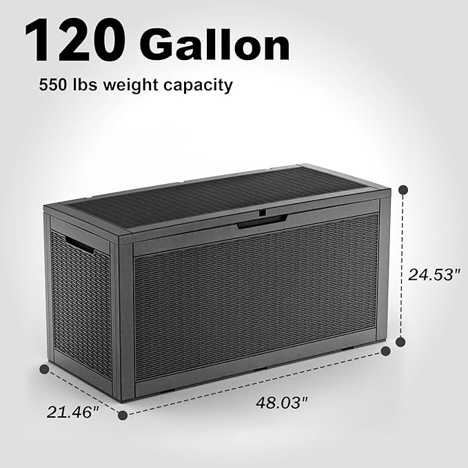 120 Gallon Resin Deck Box, Lockable Patio Outdoor Storage Box for Furniture, Garden Tools and Tools Storage, Waterproof Outside Storage Boxes - Black