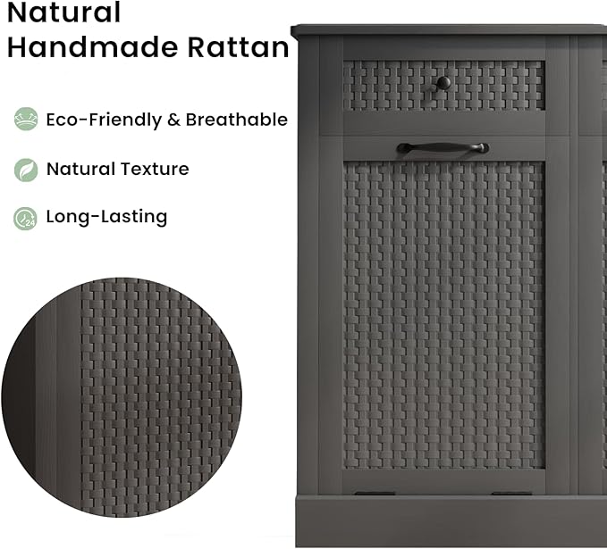 Double Tilt Out Laundry Hamper Cabinet,10 Gallon Laundry Cabinet with Drawers ＆ 2 Hidden Baskets, Farmhouse Storage Basket for Laundry Room, Bathroom, Kitchen, Gray