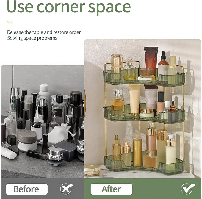 Corner Bathroom Countertop Organizer, Vanity Trays for Bathroom Counter, Makeup Organizer, Perfume Tray, Kitchen Spice Rack, Fits 90 Corner(Green, 3 Tiers)