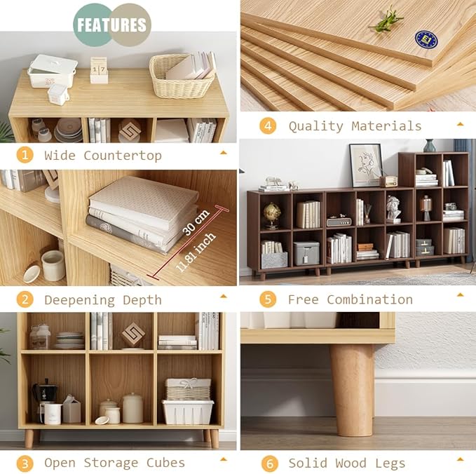 IOTXY Open Cube Low Bookcase - 3-Tier Freestanding Storage Display Cabinet Organizer with Legs for Home Office, 11-Cubes Open Shelf Short Bookshelf, Walnut