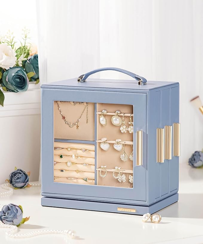Homde Christmas Gifts Jewelry Box 360° Rotating, Necklace Earring Organizer with Transparent Window, Mirror, 7 Drawers, Large Ring Display Storage Case for Girls Women (Grey Blue)