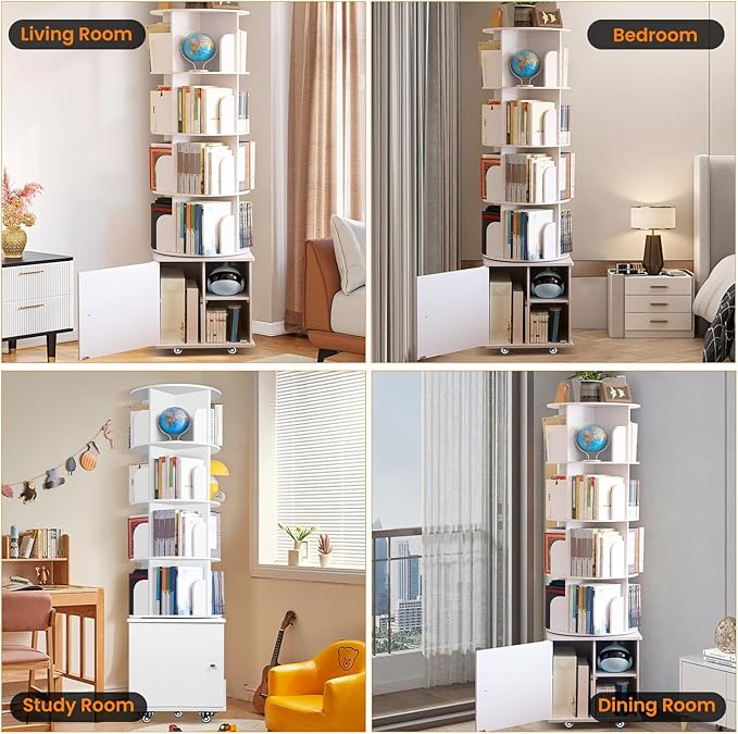 6 Tier Rotating Bookshelf Spinning Bookshelf Tower 360° Revolving Bookcase with Storage Cabinet Corner Organizer Storage Round Carousel with Wheels, White