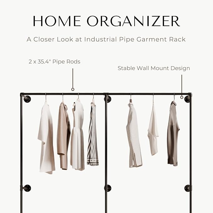 Industrial Pipe Clothing Rack, Heavy Duty Wall Mounted Clothes Rack, Retail Display Hanging Garment Rod for Laundry Rooms, Closet Storage, 14.6x75x82.7 Inches, Model K06