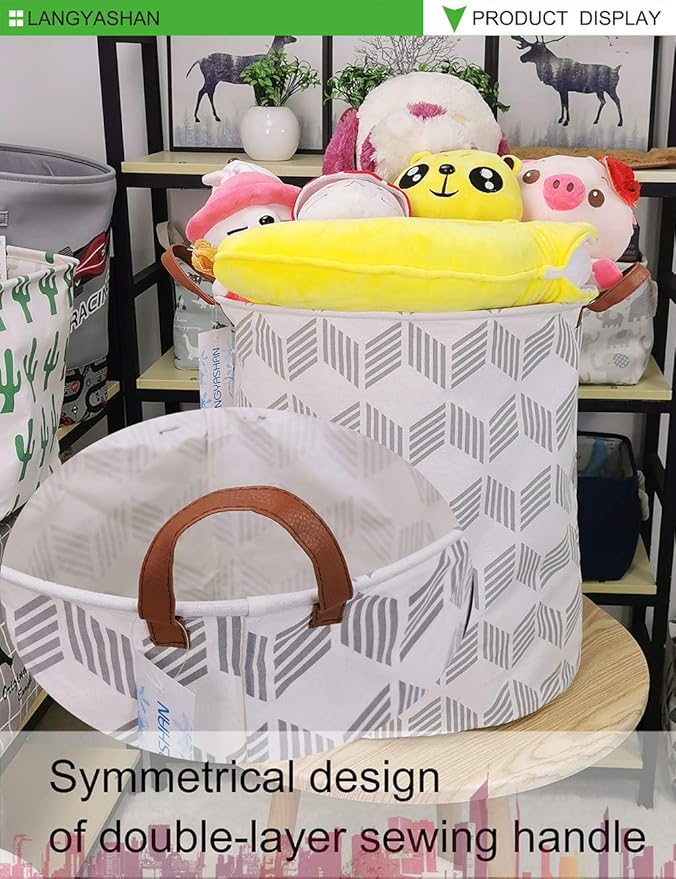 LANGYASHAN Laundry Basket Canvas Fabric Collapsible Organizer Basket for Storage Bin Toy Bins Gift Baskets Bedroom Clothes Children Nursery Hamper (Gery wave)