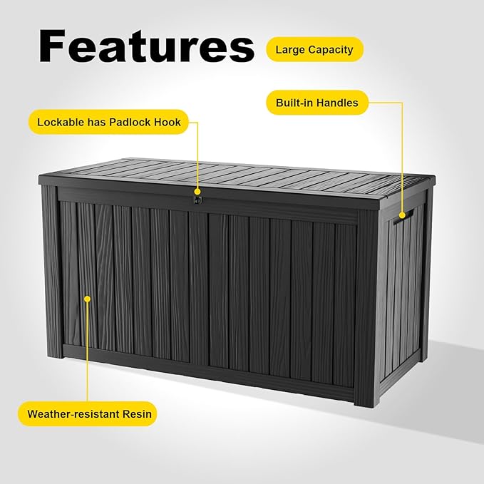 180 Gallon Outdoor Deck Box,Storage Lockable Waterproof Patio Furniture,Garden Tools,Cushions,Pool Accessories Outside Storage Resin Box(Black)