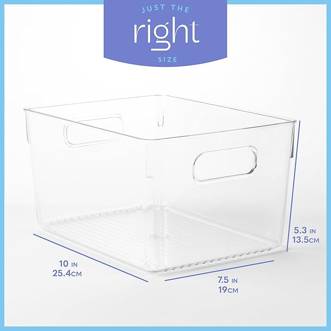 primebox Plastic Food Storage 2 Pack Clear Container Bin with Handles for Organizing Kitchen, Pantry, Refrigerator, Freezer, Pantry, Cabinet, Closet, Bathroom. 10”x7.5”x5.3”