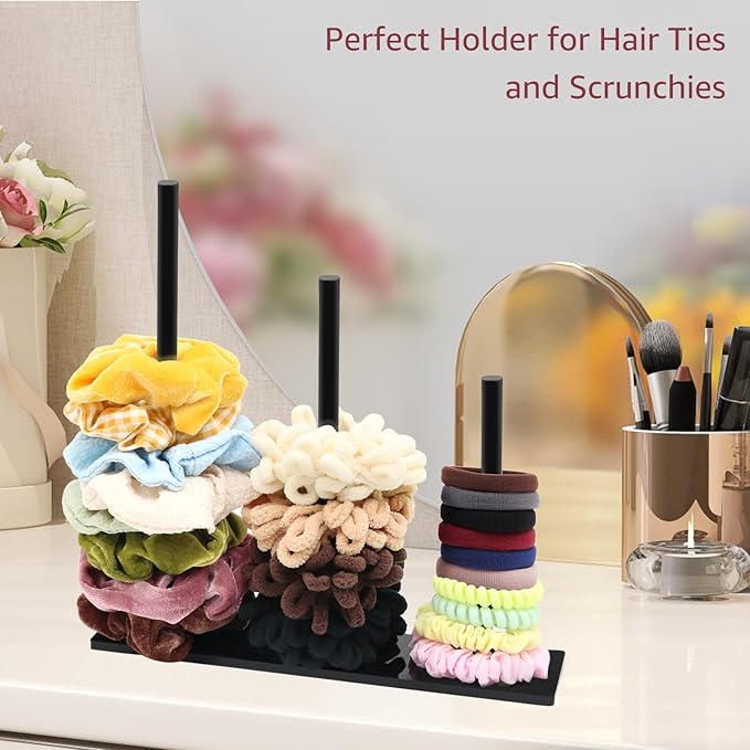 SMUK 3-Tiers Acrylic Scrunchie Holder Organizer, Black Hair Tie Holder Stand for Women Teen Girls Scrunchie Storage Scrunchy Hair Accessories Organizer