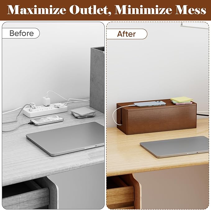 Delamu Cable Management Box Wooden with Magnetic Lid, Duty Desk Cord Organizer Power Strip Cover Box with Ventilation for Desk, Floor, Home Office, Baby Pets Safe Storage Solution