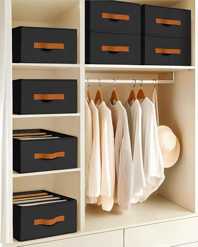 Clothes Organizers and Storage - 4/5/7 Grids Fabric Jeans Organizer with Handles, Foldable Closet Organizers Dividers, Wardrobe organizer for Pant, Sweater, T-shirt, Scarf, 6 Pack, Black