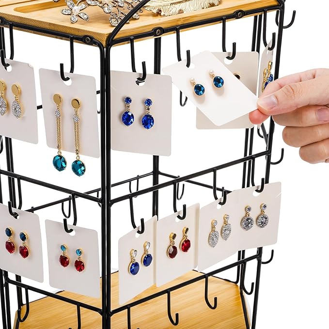 Rotating Earring Display Stand for Vendors, 48 Hooks Hexagon Bamboo Jewelry Holder, Large Capacity Jewelry Storage Showing Rack for Selling, Store, Home, Necklace Bracelet Keychain, 3 Tiers