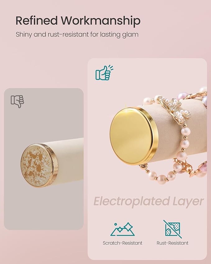 SONGMICS Bracelet Holder Stand, Jewelry Display Stand, Jewelry Organizer, with 3 Tiers and Velvet Tray, Removable Ring Holder, Christmas Gift, Cloud White and Camel Brown UJJS027A01