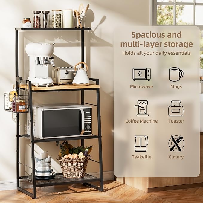 Bakers Rack with Foldable Basket, Large 4 Tiers Coffee Bar Station, Kitchen Microwave Stand with Storage, Metal Shelf Rack for Living Room, Office, Garage (Rustic Brown)