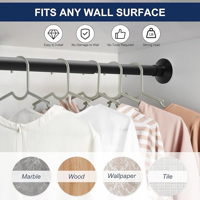 No Drilling Closet Rod, 27.5-63 Inches Hanging Closet Rod for Clothes, Closet Bar & Pole Heavy-duty, Closet Rods for Hanging Clothes For Closet Wardrobes Bathroom Laundry RV Curtains,Black