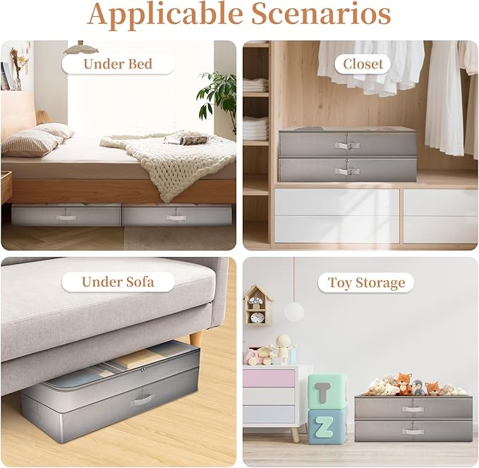 2 Pack 80L Under Bed Storage, Adjustable Height Large Storage Bins With Lids Handles Label Holder, Underbed Storage Containers for Blanket Clothes Shoes Bedroom Closet, Grey