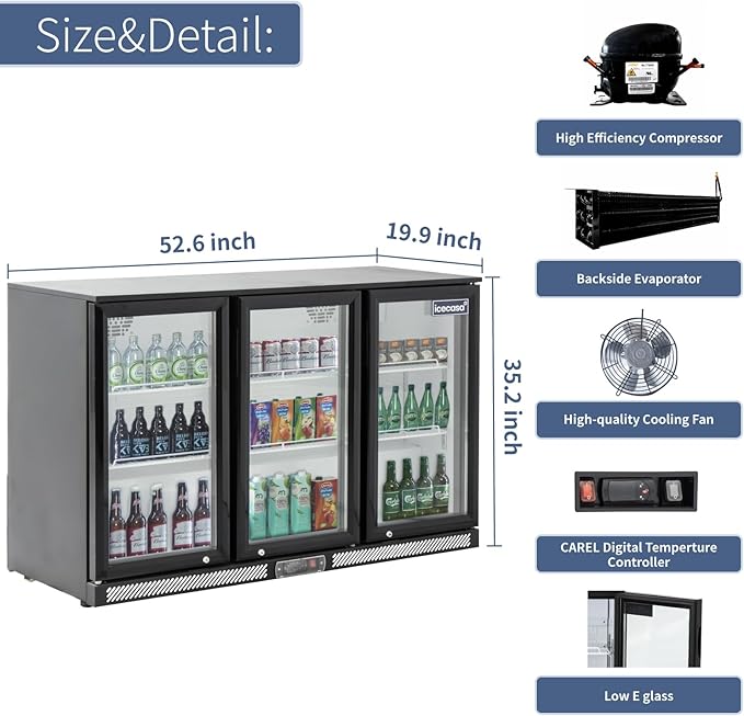 ICECASA 52.6" W Beverage Refrigerators 3 Glass Door Back Bar Refrigerator Commericial Undercounter cooler Wine Merchandiser 11.7 Cu.ft for Soda Beer