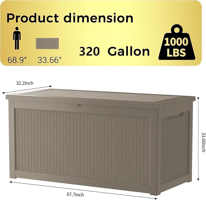 320 Gallon Resin Deck Box, Waterproof Outdoor Storage Box for Patio Furniture Cushions, Garden Tools, and Pool Accessories, Large Lockable UV-Resistant Storage Bin Bench Cabinet for Outside, Grey