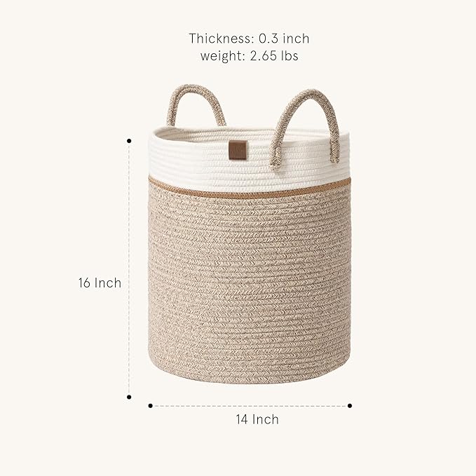 LA JOLIE MUSE Woven Basket Rope Storage Baskets - Tall Cotton Basket 16 x 14 x 14 Inches, Laundry Basket for Blanket, Kids Toy, Nursery Clothes Hamper Basket White & Desert