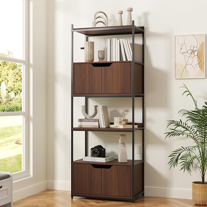 Bookcase with 4 Doors, 63" Tall Bookshelf with Storage Cabinet, 6 Tier Open Bookshelf for Display, Industrial Floor Standing Display Storage Shelves for Home Office, Living Room, Brown