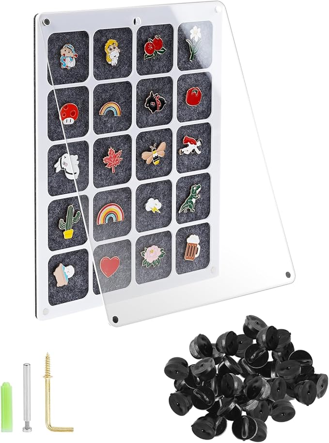 UCEC 20 Grids Clear Acrylic Pin Display Board & 50 PCS Rubber Pin Backs, Pins Organizer Board Enamel Pin Board Display Case, Dust-Free Pin Collection Display, Tabletop & Wall Pin Holder Display
