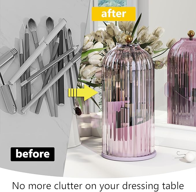 Makeup Brush Holder with Dustproof Cover 360 Rotating Makeup Brush Organizer for Vanity Bathroom, Pink