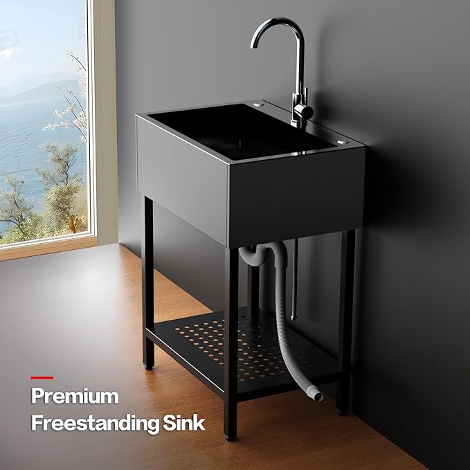 26" Freestanding Stainless Steel Utility Sink, Single Bowl Kitchen Sinks w/Storage Shelve, Black Heavy Duty Sinks with Cold & Hot Water Pipe for Commercial Laundry Room Farmhouse, 12-Gallon Basin