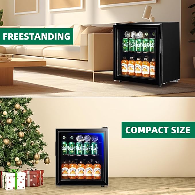 WANAI Mini Fridge Glass Door 58 Cans Beverage Cooler Refrigerator Small Beer Fridge 1.7 cu.ft Organizer for Drinks Soda Wine Small Refrigerator with Blue LED for Home Office Dorm