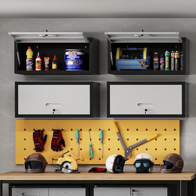 Garage Wall Cabinet, Wall Mounted Cabinet with Up-flip Door and Adjustable Shelf for Garage, Tool Room, Kitchen, Assembly Required(Black and Gray)