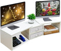 TEAMIX Dual Monitor Stand Riser with 2 Drawers - Length and Angle Adjustable White Monitor Stand with Storage Large Computer Riser for 2 Monitors/Laptop/PC, Wood Screen/TV Stand Desk Organizer
