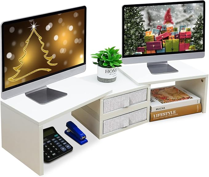 TEAMIX Dual Monitor Stand Riser with 2 Drawers - Length and Angle Adjustable White Monitor Stand with Storage Large Computer Riser for 2 Monitors/Laptop/PC, Wood Screen/TV Stand Desk Organizer