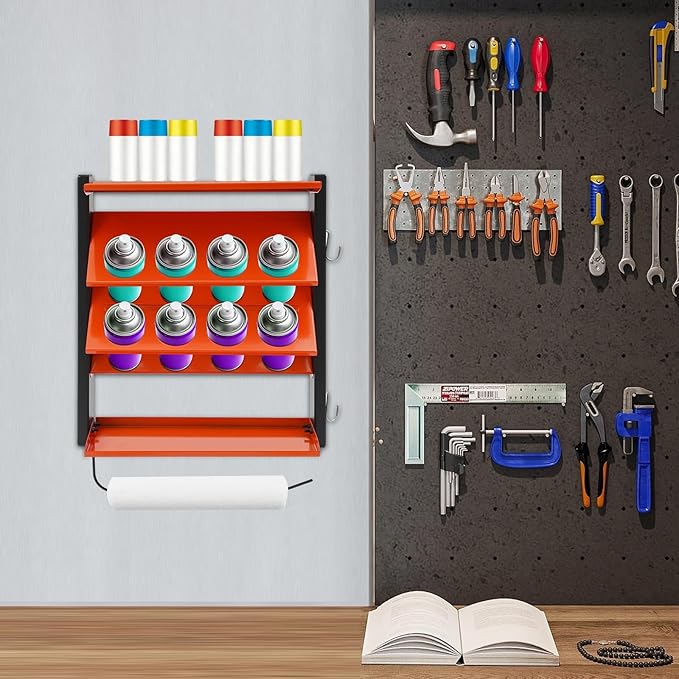 Spray Can Holder, Spray Paint Can Holder Wall Mount, Paint Can Storage Rack for Shop and Garage, Heavy Duty Painting Bottle Organizer, 8 Holes & 2 Shelf, Orange
