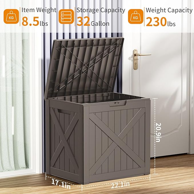 EasyUp 32 Gallon Outdoor Deck Box Waterproof, UV Resistant Resin Outdoor Storage Box for Delivery, Porch, Patio and Garden, X-Design Grey