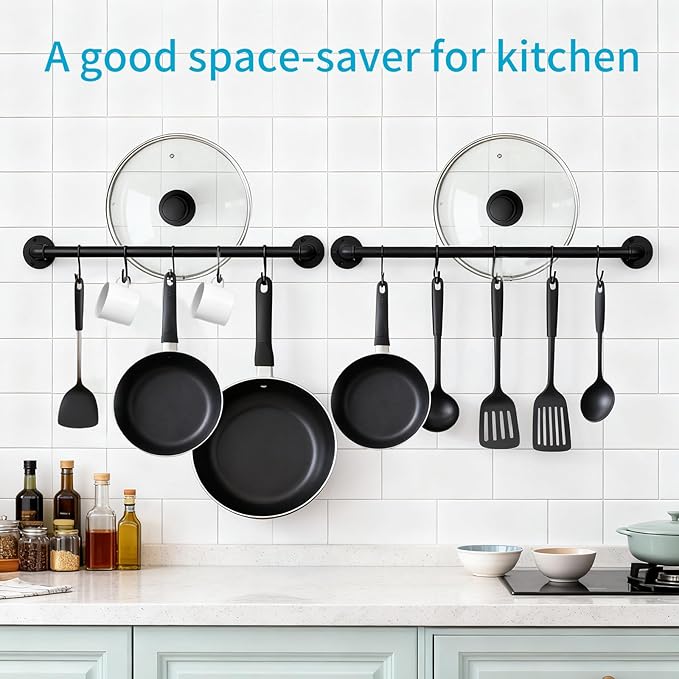 Pan Pot Lid Organizer Set of 2 Wall Mounted Industrial Pipe Kitchen Hanger Rack For Pan Pot Lid Utensils Mugs Kitchen Storage Hanging Bar With 10 Hooks