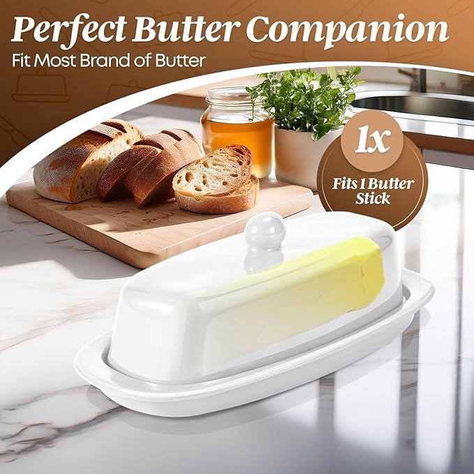 Flexzion Ceramic White European Butter Dish with Lid for Countertop (7 Inch) - 1 Stick Butter Holder for Counter, Cream Cheese Container Storage Keeper