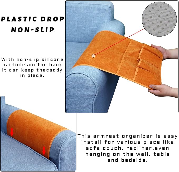 NB Sofa Armrest Organize remote holder bedside caddy organizer with 5 pockets，non-slip couch remote control holder couch armchair caddy accessories (Orange, 35"x12.4")