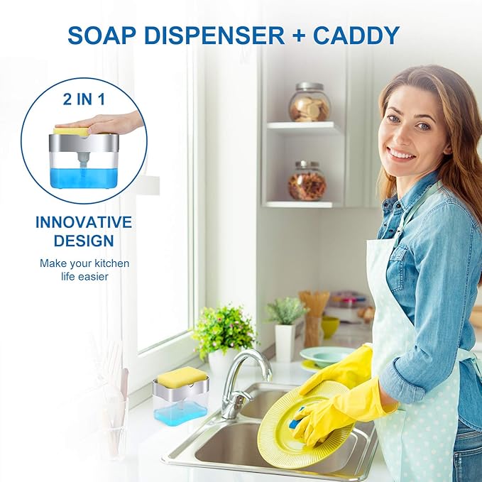 New 2025 Version soap Dispenser with Added Features - Premium Quality Dish Soap Dispenser - Countertop Kitchen Soap Dispenser, Sink Dish Washing 13 Ounces (Sponge Included)