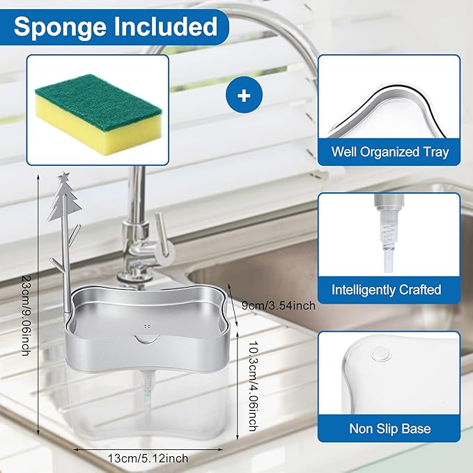 New 2025 Version soap Dispenser with Added Features - Premium Quality Dish Soap Dispenser - Countertop Kitchen Soap Dispenser, Sink Dish Washing 13 Ounces (Sponge Included)