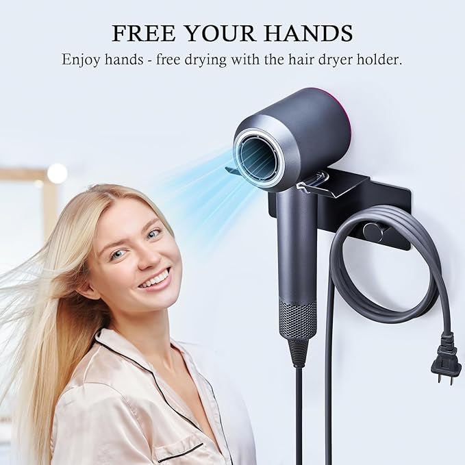 Hair Dryer Holder Wall Mounted, Blow Dryer Holder, Adhesive Hairdryer Holder for Bathroom, Hair Tool Organizer Hair Dryer Hanger, Blowdryer Holder for Wall, Hair Dryer Hook with Cord Storage (Black)