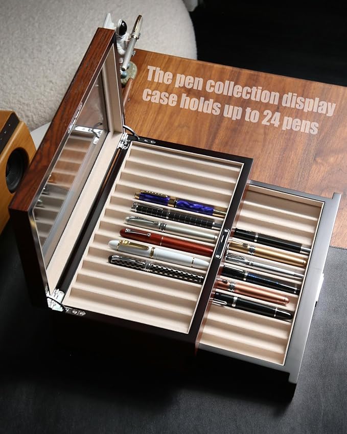 wood pen display case 24 slot Fountain pen Box storage Organizer with drawer, Top Glass Window Pen Collection Display Case