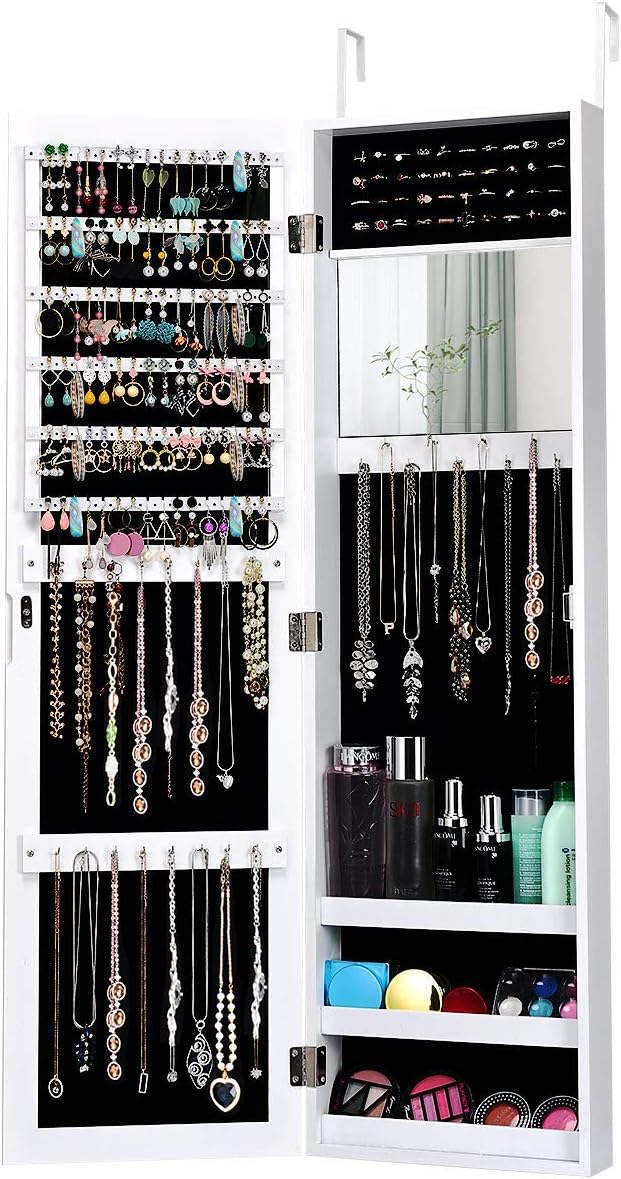 Giantex Wall Door Mounted Mirrored Jewelry Cabinet Jewelry Armoire Storage Organizer with Full Length Mirror Jewelry Cabinets (White)